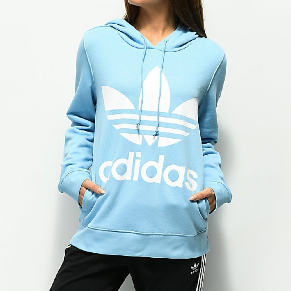 Adidas Trefoil Logo Light Blue Hoodie Womens Med